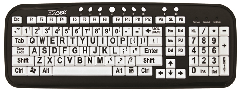 Datacal EZsee Large Print Keyboard - Black Keys With White Letters, Perfect For Low Vision